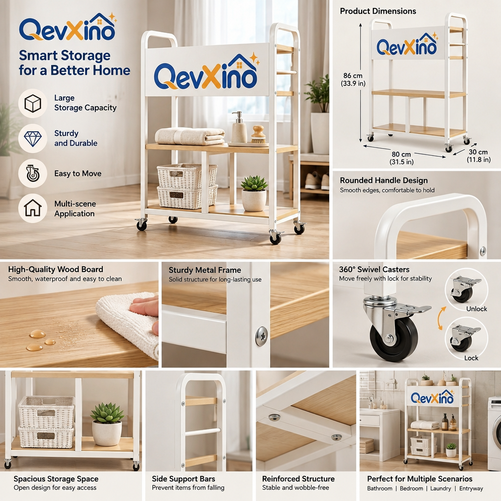 QevXino™ 3-Tier Rolling Utility Cart with Wood Shelves & Lockable Wheels, Heavy-Duty Mobile Storage Organizer for Bathroom, Laundry & Living Room
