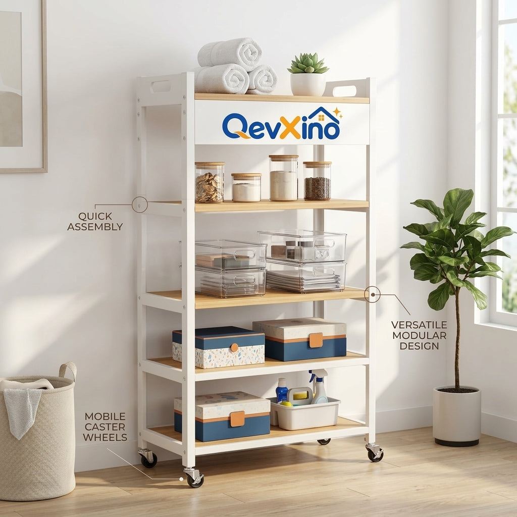 QevXino™ 5-Tier Mobile Utility Storage Cart, Rolling Organizer Shelving Unit with Locking Caster Wheels and Built-In Handles for Kitchen, Bathroom, Laundry & Living Room (White & Natural Wood)