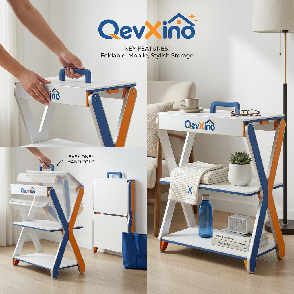 QevXino™ 3-Tier Portable Folding Storage Shelf with Top Carry Handle, Modern X-Frame Utility Organizer Rack for Bathroom, Bedroom & Living Room
