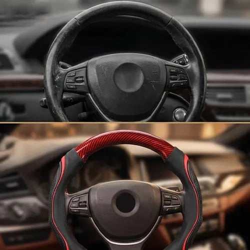 Steering wheel before and after adding a red sport-style cover