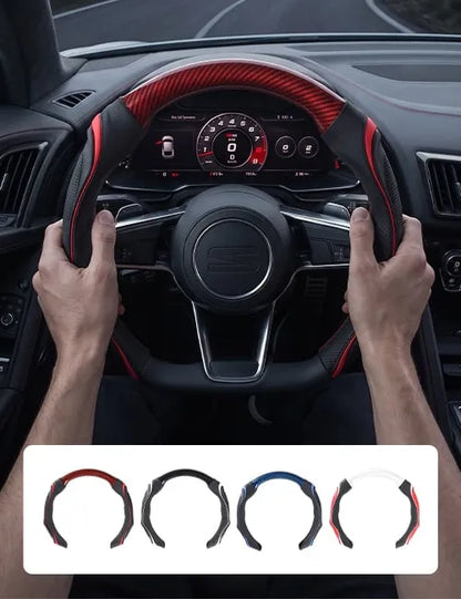 Installed red steering wheel cover with available color options