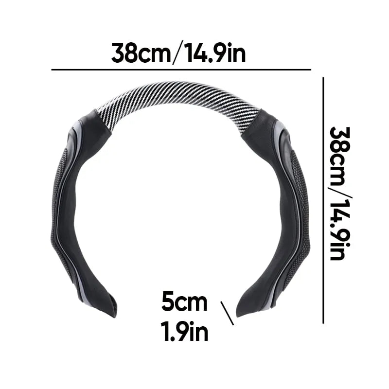 Gray sport-style steering wheel cover with 38 cm diameter size guide