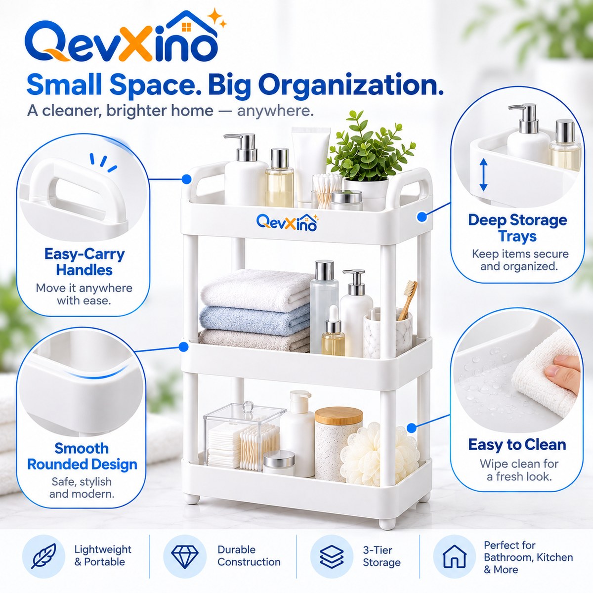 QevXino™ 3-Tier Portable Bathroom Storage Rack