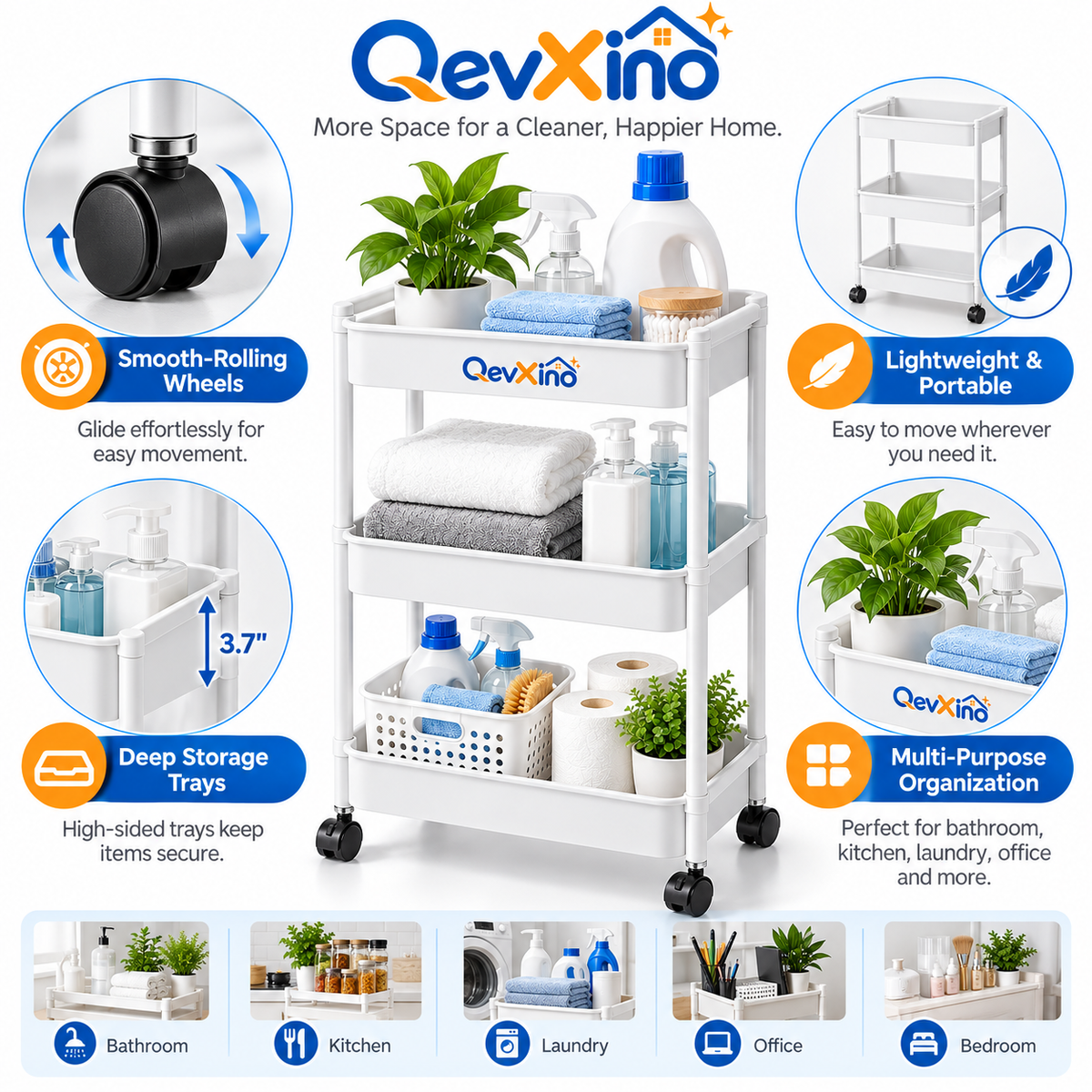 QevXino™ 3-Tier Rolling Utility Storage Cart