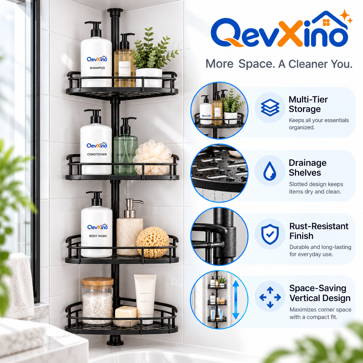 QevXino™ 4-Tier Corner Shower Caddy Rack