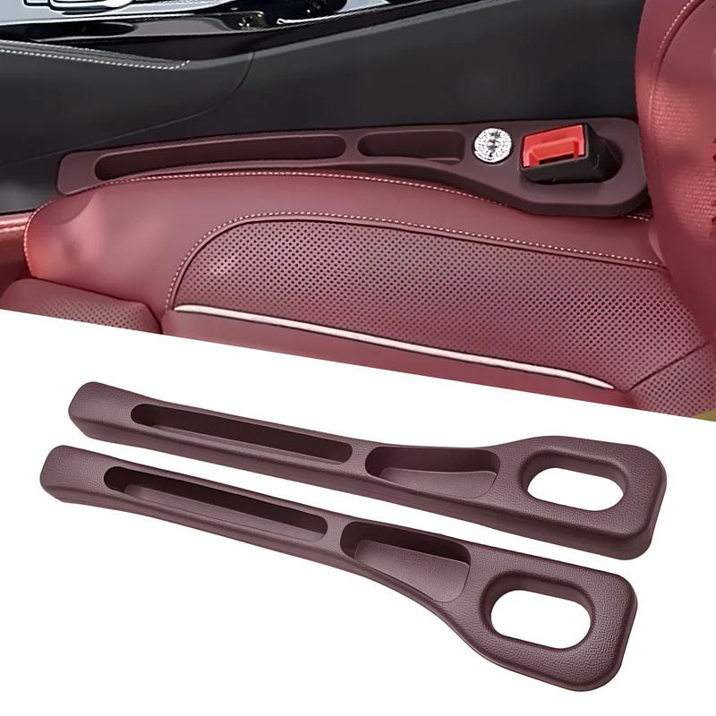 Brown seat gap organizer installed beside a seat with a matching pair shown below