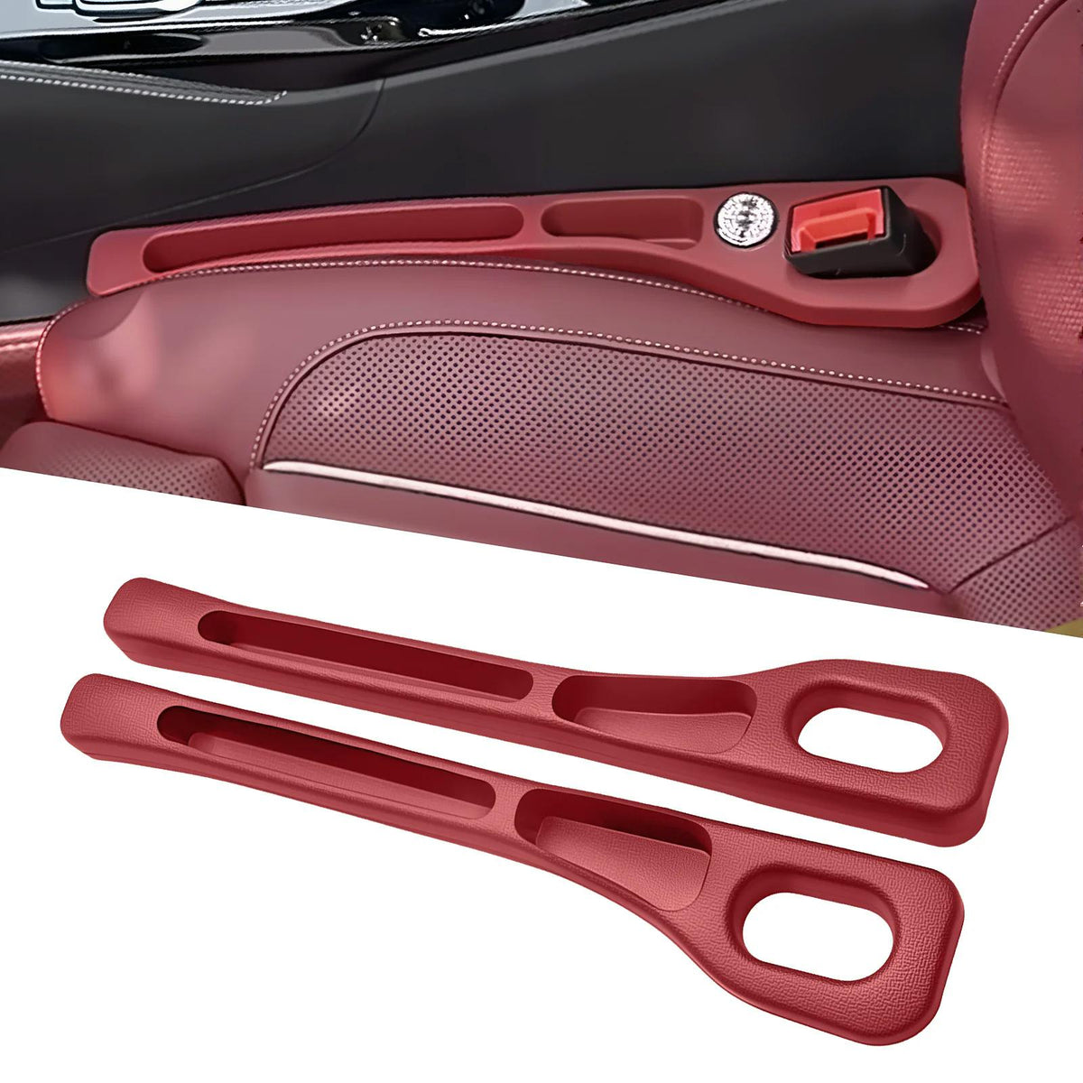 Red seat gap organizer installed beside a seat with a matching pair shown below