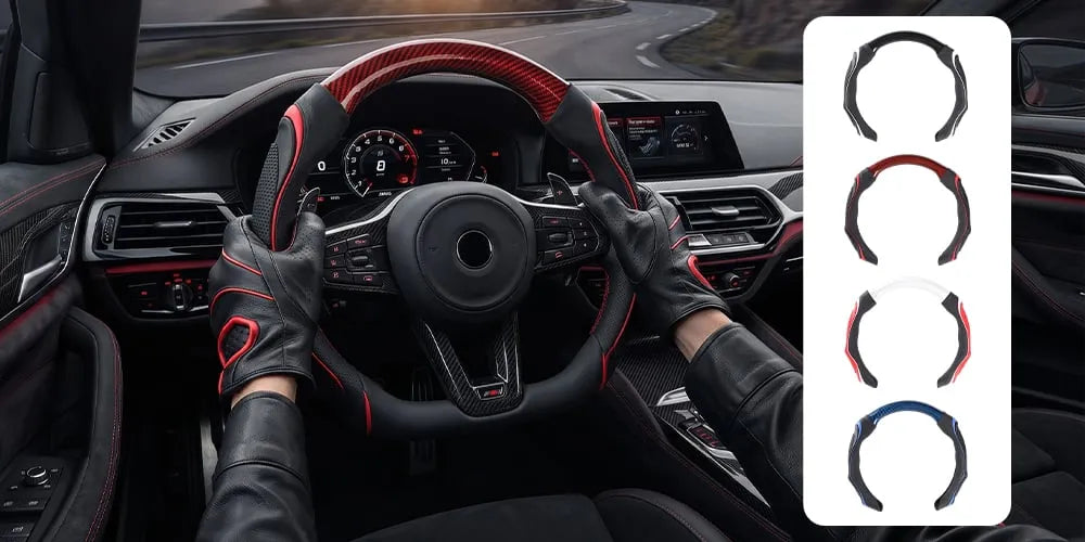 Sport-style steering wheel cover installed in a car with color options