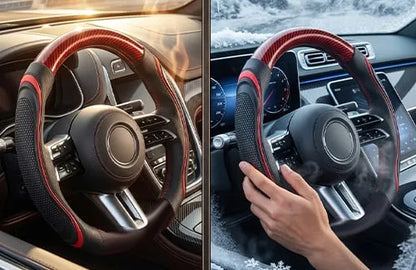 Red sport-style steering wheel cover shown in summer and winter settings