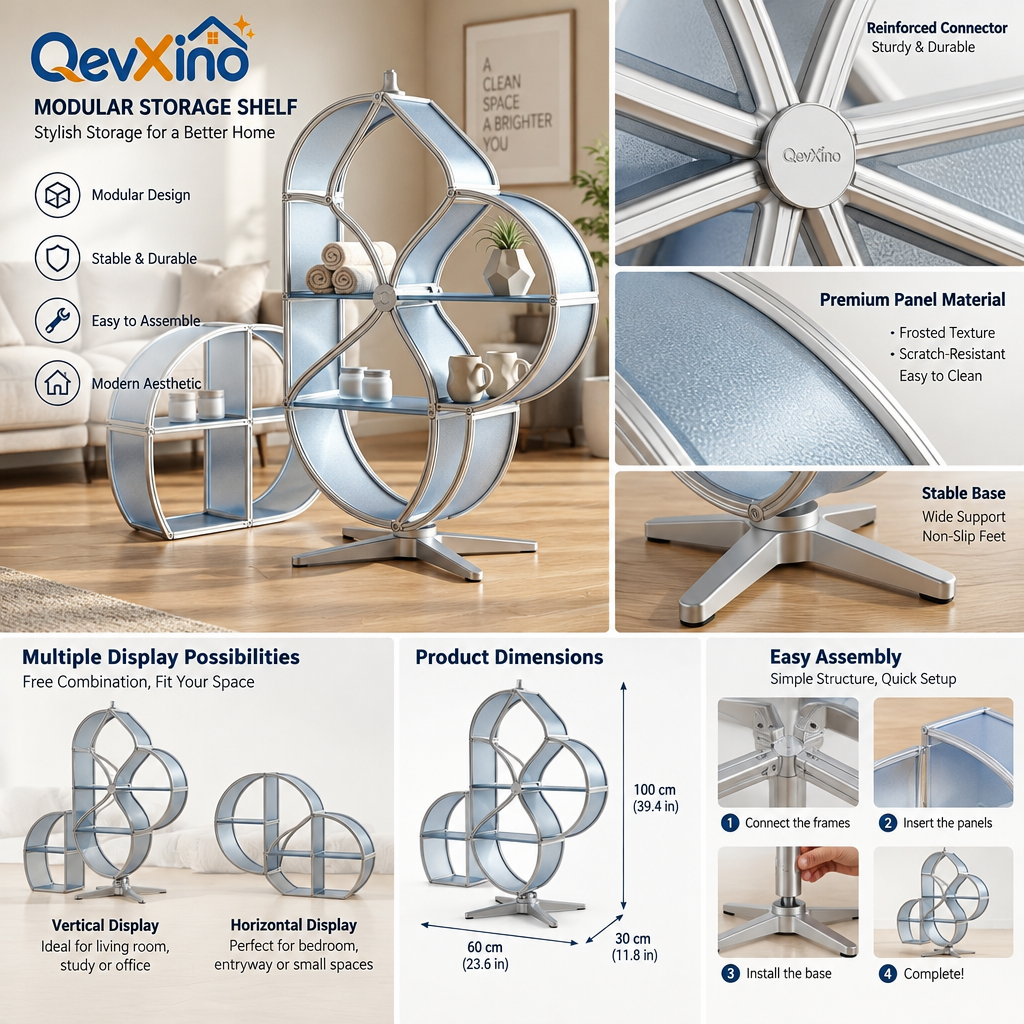 QevXino™ Modern Modular Curved Floor & Tabletop Display Shelf – Multi-Tier Frosted Panel Storage Organizer with Pedestal Base for Living Room, Bathroom & Vanity