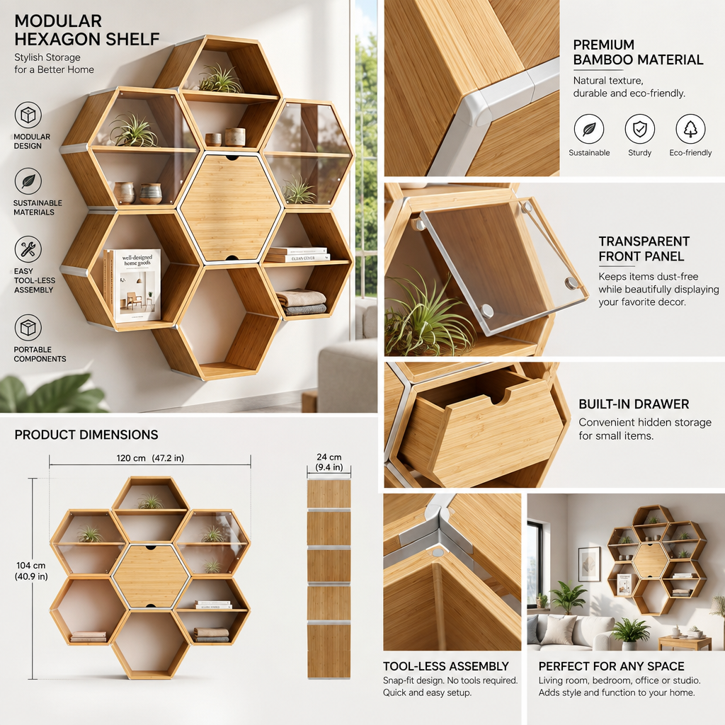 QevXino™ Modular Honeycomb Bookshelf – Eco-Friendly Bamboo Hexagon Display Shelf & Storage Organizer with Tool-Free Assembly