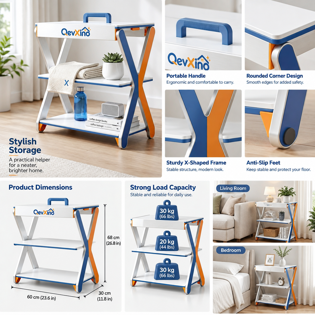 QevXino™ 3-Tier Portable Folding Storage Shelf with Top Carry Handle, Modern X-Frame Utility Organizer Rack for Bathroom, Bedroom & Living Room