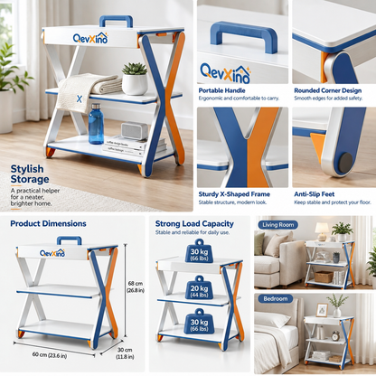 QevXino™ 3-Tier Portable Folding Storage Shelf with Top Carry Handle, Modern X-Frame Utility Organizer Rack for Bathroom, Bedroom & Living Room