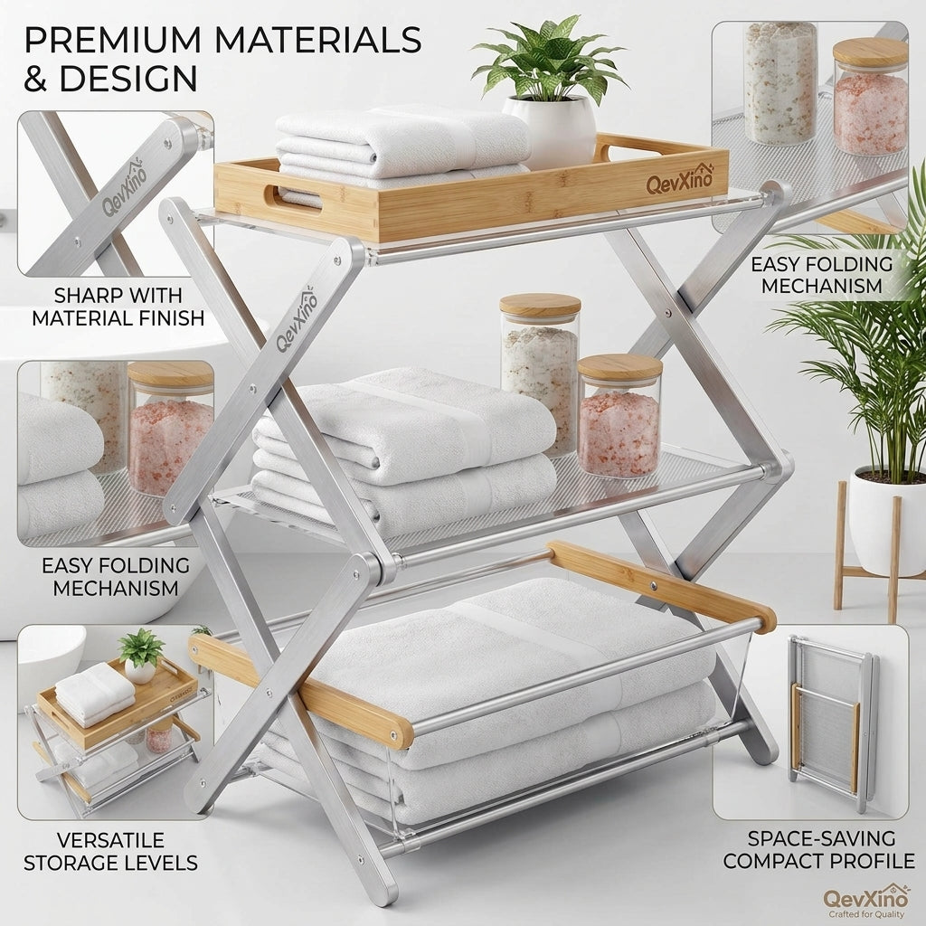 QevXino™ 3-Tier Foldable Bathroom Storage Rack – Modern X-Frame Freestanding Towel Organizer with Removable Bamboo Tray & Acrylic Basket