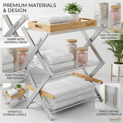 QevXino™ 3-Tier Foldable Bathroom Storage Rack – Modern X-Frame Freestanding Towel Organizer with Removable Bamboo Tray & Acrylic Basket