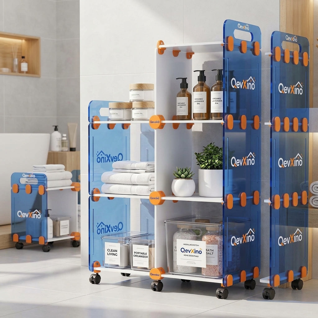 QevXino™ Multi-Tier Rolling Storage Cart with Translucent Blue Panels & 360° Swivel Wheels, Modular Utility Organizer Shelf for Bathroom, Kitchen & Living Spaces