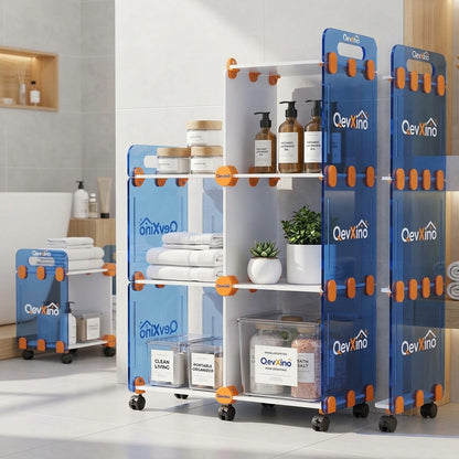 QevXino™ Multi-Tier Rolling Storage Cart with Translucent Blue Panels & 360° Swivel Wheels, Modular Utility Organizer Shelf for Bathroom, Kitchen & Living Spaces