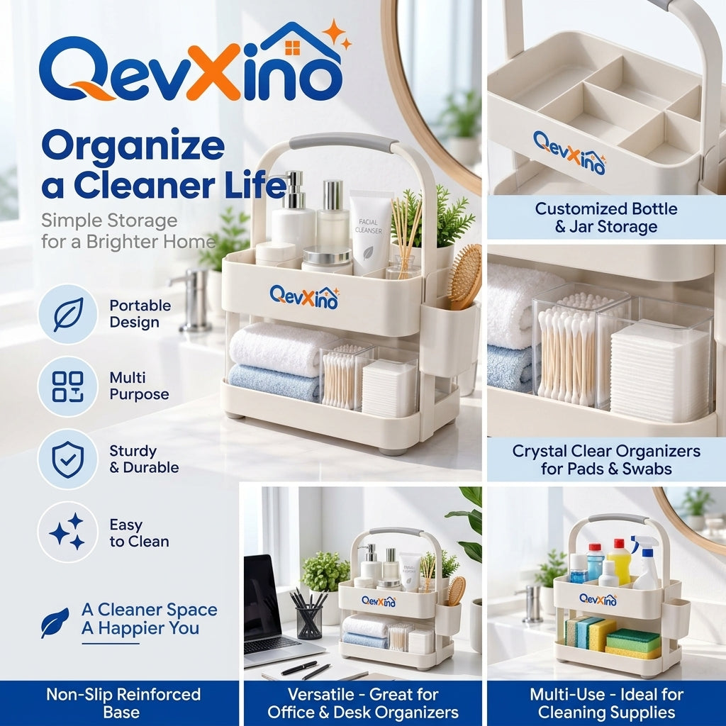 QevXino™ 2-Tier Portable Storage Caddy with Handle – Multi-Purpose Bathroom Countertop Vanity & Skincare Organizer Tote