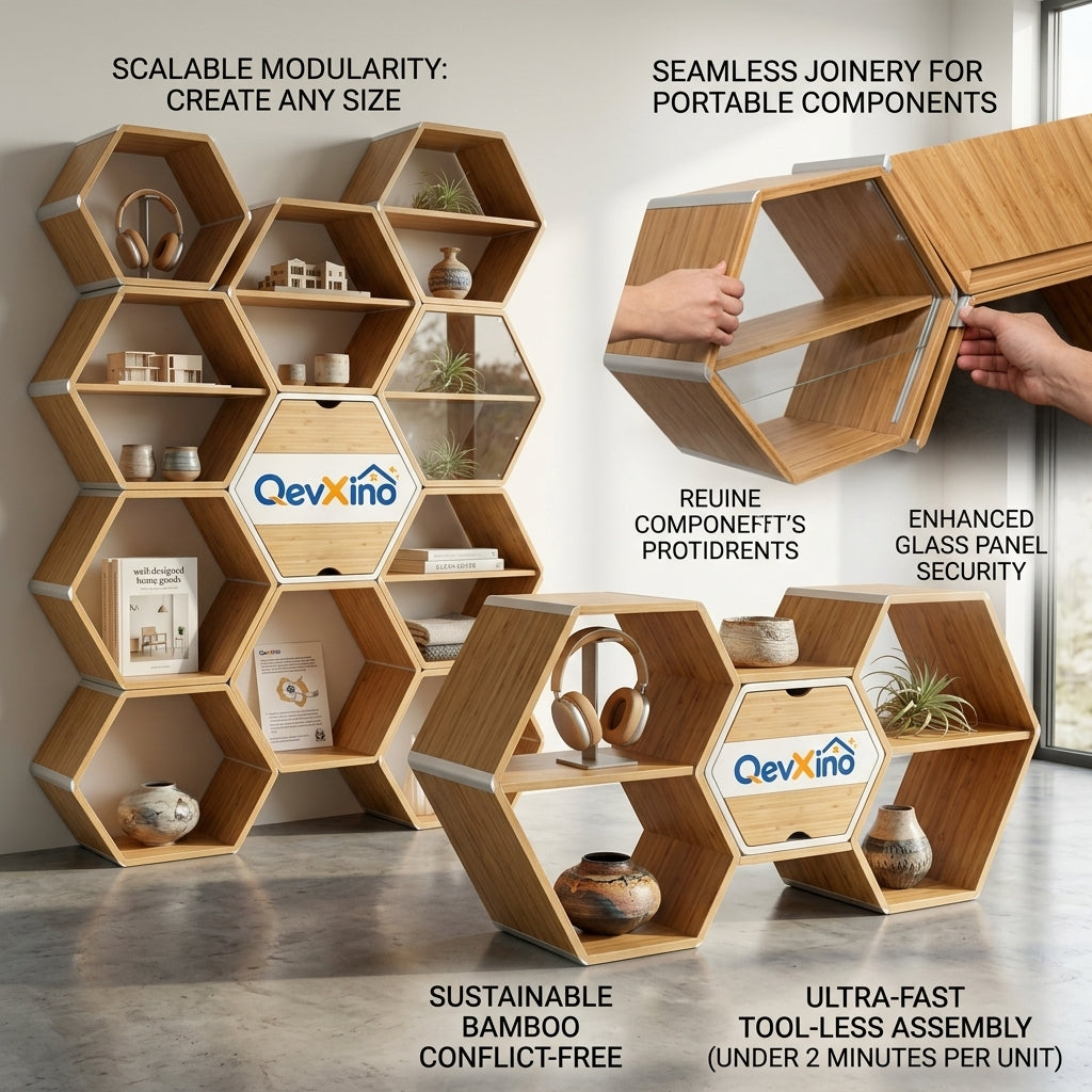 QevXino™ Modular Honeycomb Bookshelf – Eco-Friendly Bamboo Hexagon Display Shelf & Storage Organizer with Tool-Free Assembly