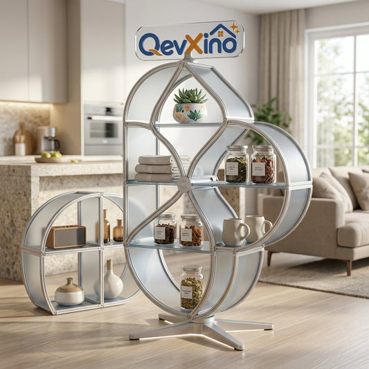 QevXino™ Modern Modular Curved Floor & Tabletop Display Shelf – Multi-Tier Frosted Panel Storage Organizer with Pedestal Base for Living Room, Bathroom & Vanity
