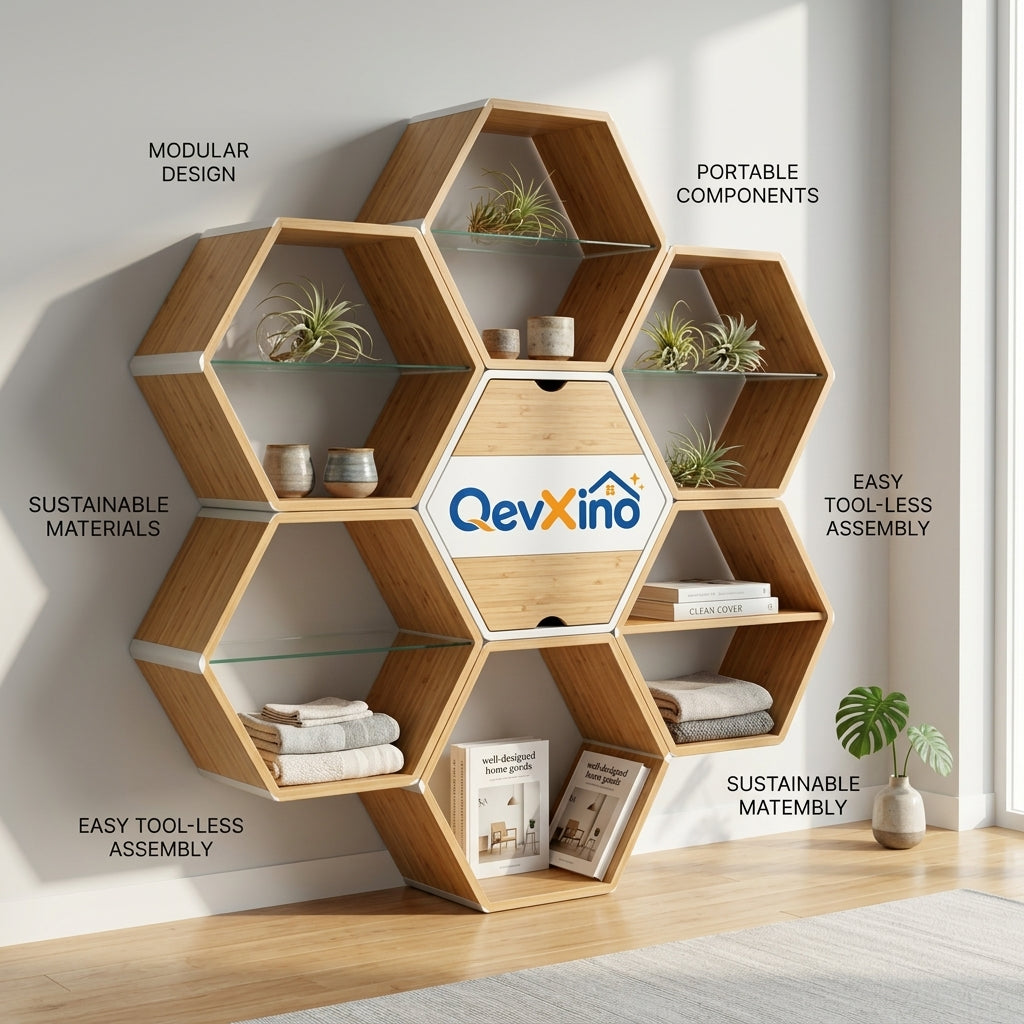 QevXino™ Modular Honeycomb Bookshelf – Bamboo Hexagon Display Shelf