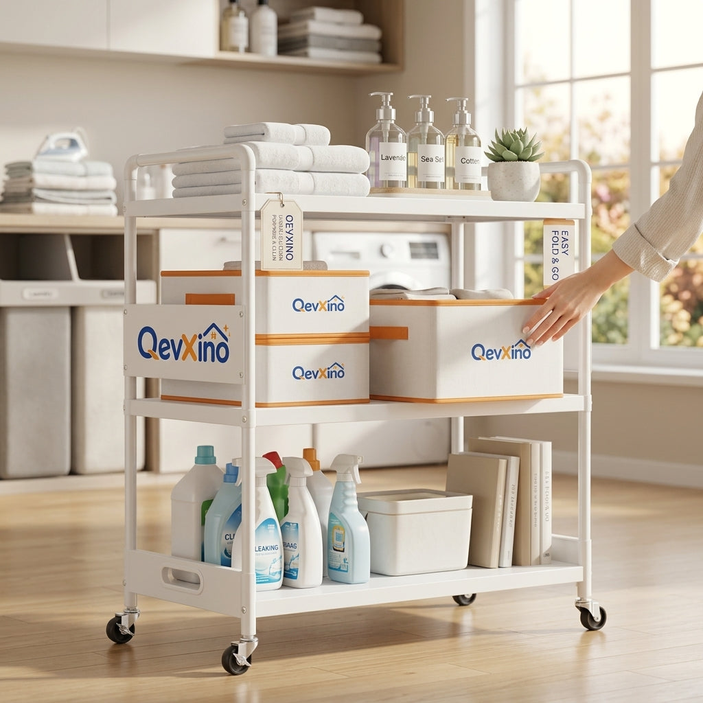 QevXino™ 3-Tier Collapsible Rolling Utility Cart, Multi-Purpose Heavy-Duty Metal Organizer Trolley with Lockable Wheels & Handles for Laundry, Bathroom, Kitchen, and Living Room – White