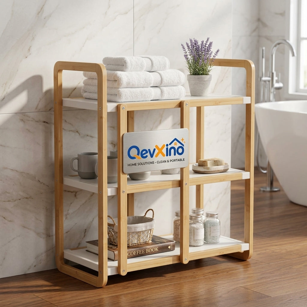 QevXino™ 3-Tier Bamboo Storage Shelf – Natural & White