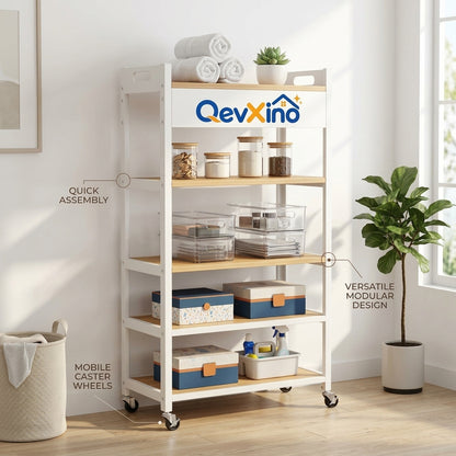 QevXino™ 5-Tier Mobile Utility Storage Cart, Rolling Organizer Shelving Unit with Locking Caster Wheels and Built-In Handles for Kitchen, Bathroom, Laundry & Living Room (White & Natural Wood)