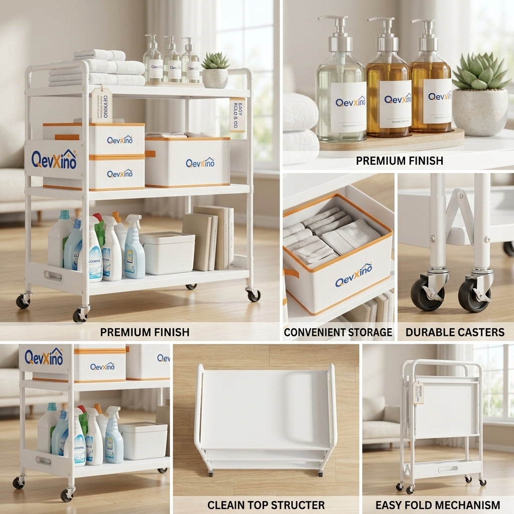 QevXino™ 3-Tier Collapsible Rolling Utility Cart, Multi-Purpose Heavy-Duty Metal Organizer Trolley with Lockable Wheels & Handles for Laundry, Bathroom, Kitchen, and Living Room – White