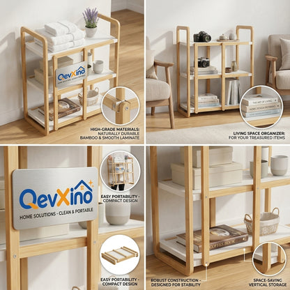 QevXino™ 3-Tier Bamboo Storage Shelf, Freestanding Multipurpose Organizer Rack with Built-in Handles for Bathroom, Living Room, Bedroom & Kitchen - Natural & White