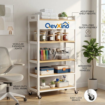 QevXino™ 5-Tier Mobile Utility Storage Cart, Rolling Organizer Shelving Unit with Locking Caster Wheels and Built-In Handles for Kitchen, Bathroom, Laundry & Living Room (White & Natural Wood)