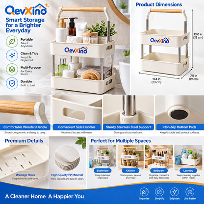 QevXino™ 2-Tier Portable Storage Caddy Organizer with Wooden Handle – Multi-Purpose Countertop & Under-Sink Organizer for Bathroom, Kitchen, Vanity & Laundry