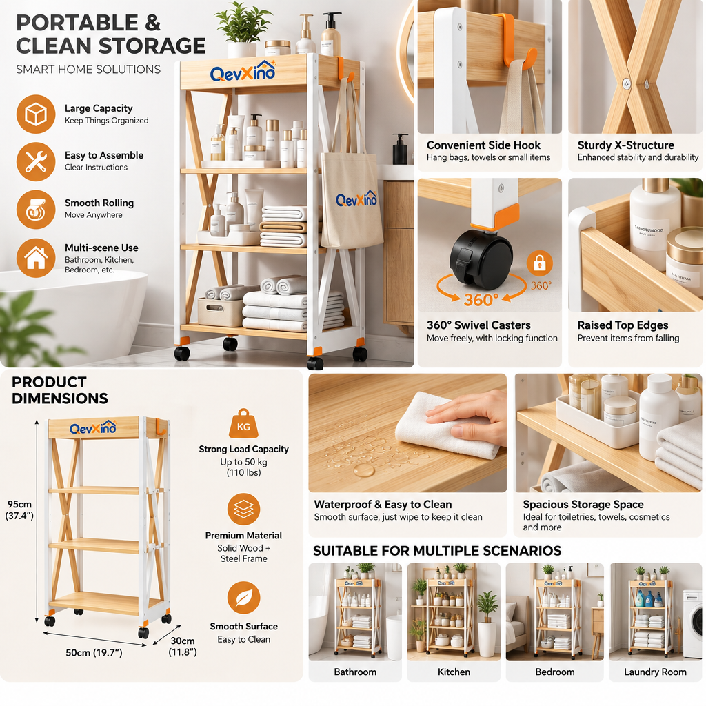 QevXino™ 4-Tier Rolling Storage Cart, Modern Wood & White Utility Organizer with Side Hook and 360° Caster Wheels for Bathroom, Laundry & Small Spaces