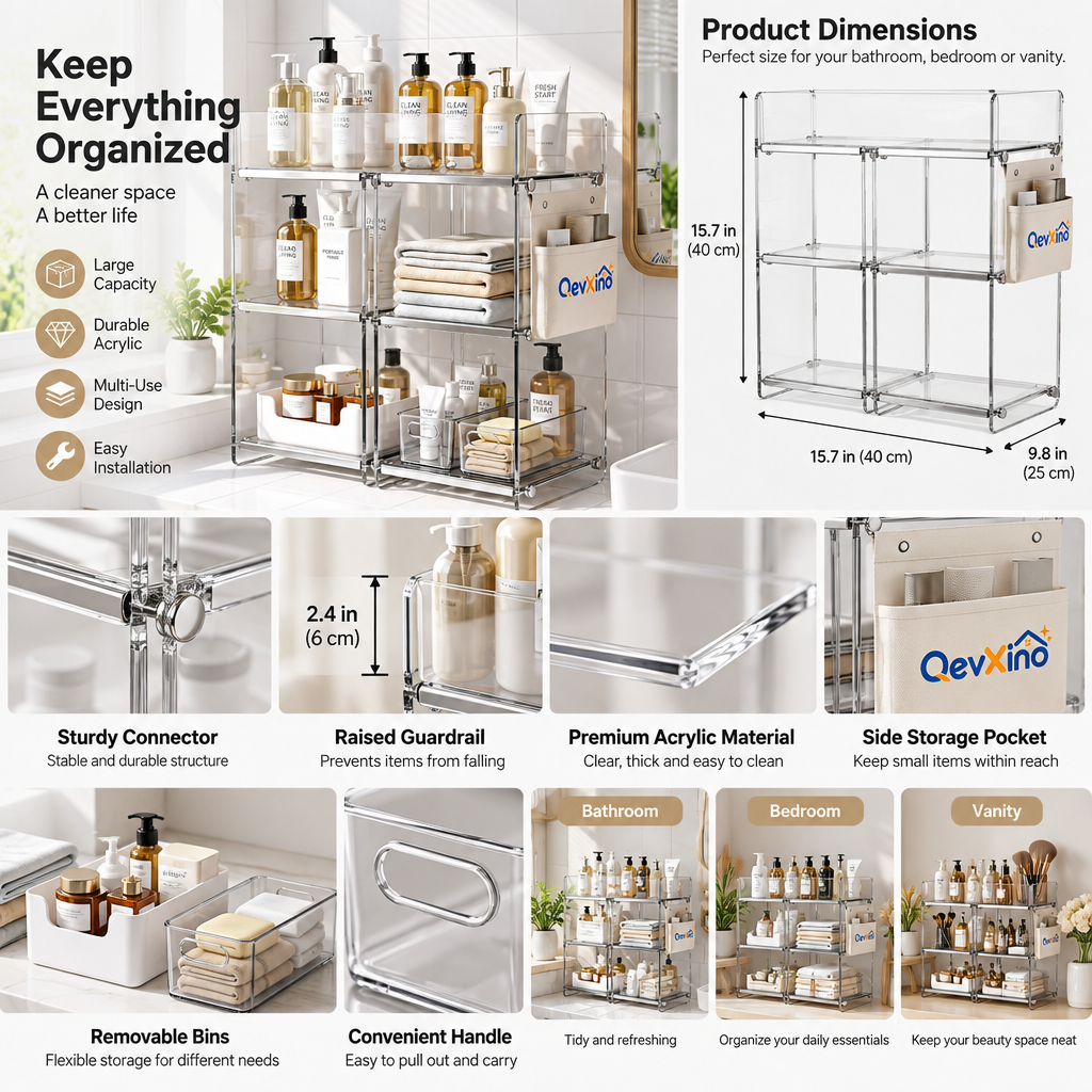 QevXino™ 3-Tier Clear Acrylic Countertop Organizer, Luxury Multi-Section Bathroom Vanity Shelf with Storage Bins & Side Fabric Pocket
