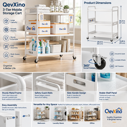QevXino™ 3-Tier Collapsible Rolling Utility Cart, Multi-Purpose Heavy-Duty Metal Organizer Trolley with Lockable Wheels & Handles for Laundry, Bathroom, Kitchen, and Living Room – White
