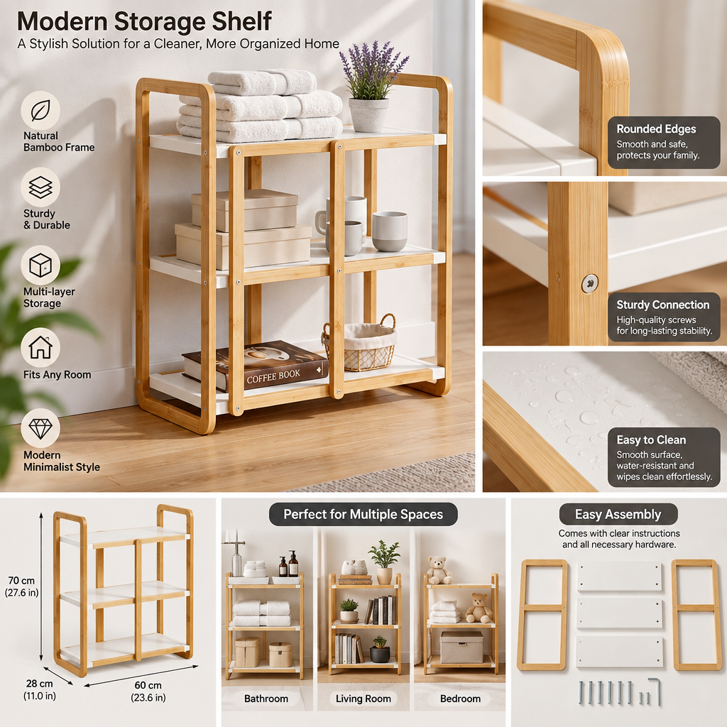 QevXino™ 3-Tier Bamboo Storage Shelf, Freestanding Multipurpose Organizer Rack with Built-in Handles for Bathroom, Living Room, Bedroom & Kitchen - Natural & White