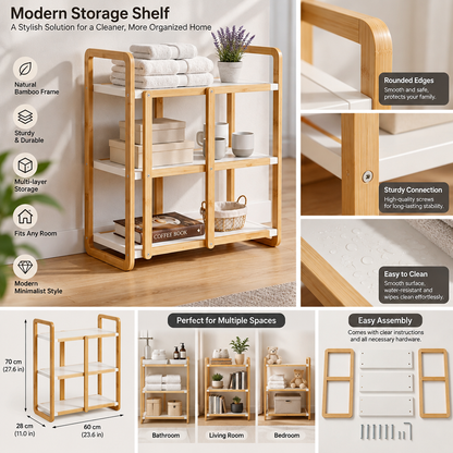 QevXino™ 3-Tier Bamboo Storage Shelf, Freestanding Multipurpose Organizer Rack with Built-in Handles for Bathroom, Living Room, Bedroom & Kitchen - Natural & White