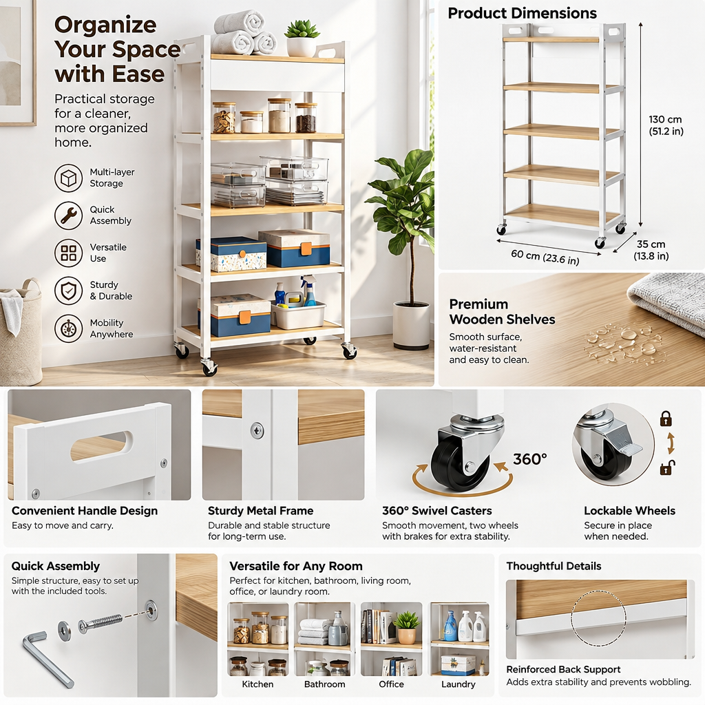 QevXino™ 5-Tier Mobile Utility Storage Cart, Rolling Organizer Shelving Unit with Locking Caster Wheels and Built-In Handles for Kitchen, Bathroom, Laundry & Living Room (White & Natural Wood)