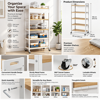 QevXino™ 5-Tier Mobile Utility Storage Cart, Rolling Organizer Shelving Unit with Locking Caster Wheels and Built-In Handles for Kitchen, Bathroom, Laundry & Living Room (White & Natural Wood)