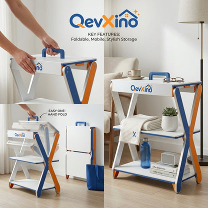 QevXino™ 3-Tier Portable Folding Storage Shelf with Top Carry Handle, Modern X-Frame Utility Organizer Rack for Bathroom, Bedroom & Living Room