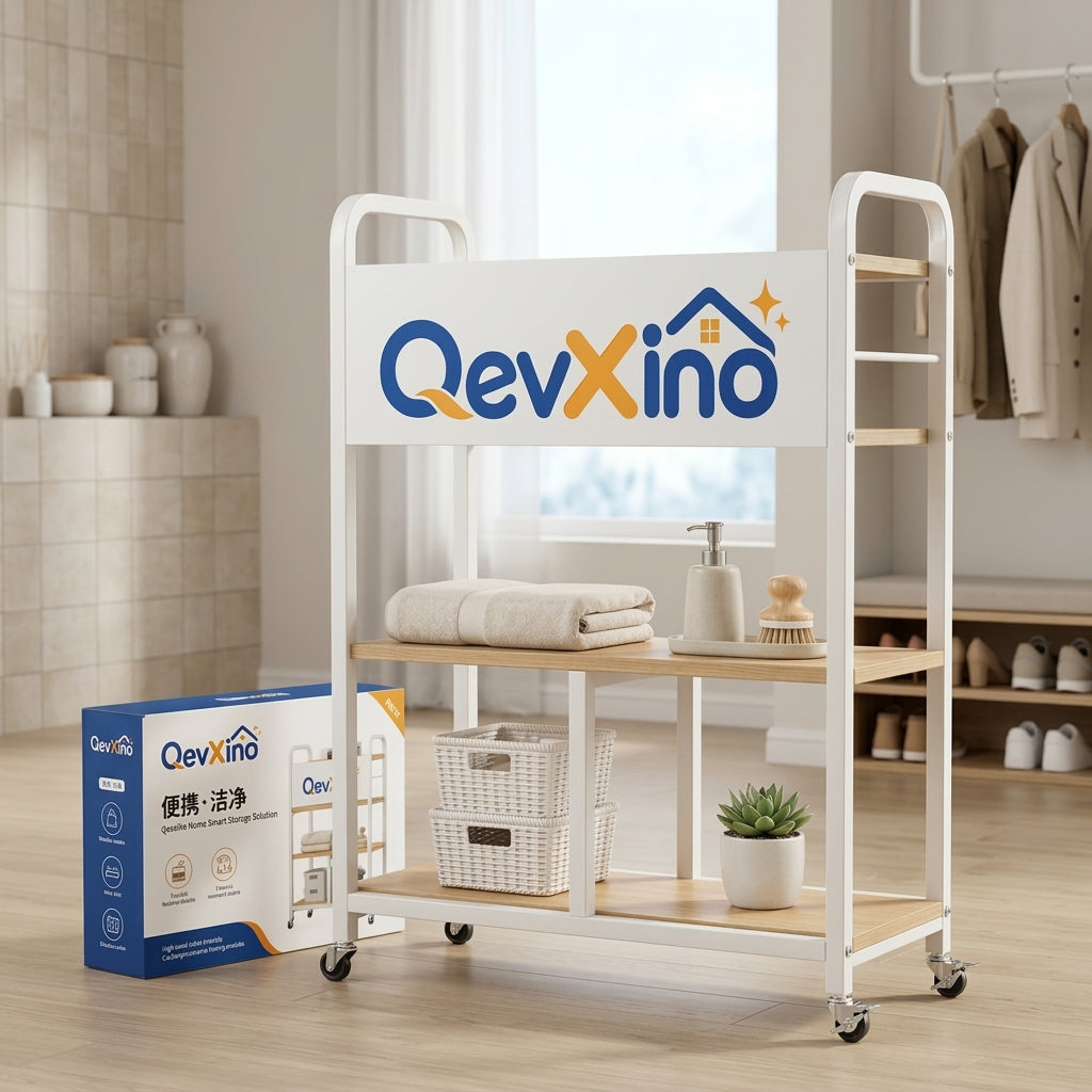 QevXino™ 3-Tier Rolling Utility Cart with Wood Shelves & Lockable Wheels, Heavy-Duty Mobile Storage Organizer for Bathroom, Laundry & Living Room