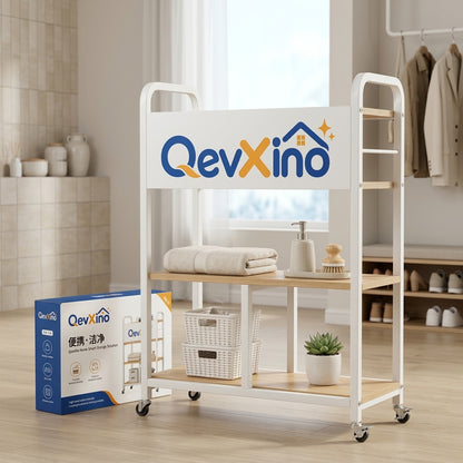 QevXino™ 3-Tier Rolling Utility Cart with Wood Shelves & Lockable Wheels, Heavy-Duty Mobile Storage Organizer for Bathroom, Laundry & Living Room
