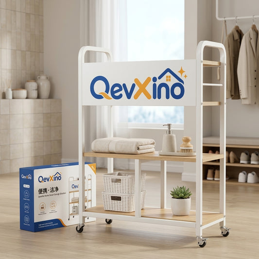 QevXino™ 3-Tier Rolling Utility Cart with Wood Shelves & Lockable Wheels, Heavy-Duty Mobile Storage Organizer for Bathroom, Laundry & Living Room