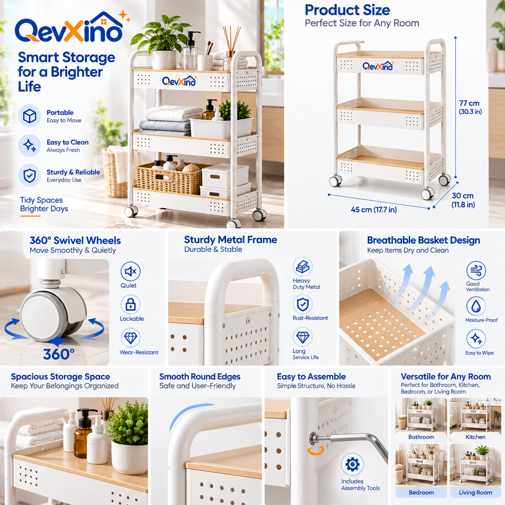 QevXino™ 3-Tier Rolling Utility Cart with Wood Accent Trim – Heavy-Duty Storage Organizer Trolley with 360° Caster Wheels for Bathroom, Kitchen, Laundry, and Nursery