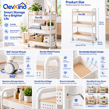 QevXino™ 3-Tier Rolling Utility Cart with Wood Accent Trim – Heavy-Duty Storage Organizer Trolley with 360° Caster Wheels for Bathroom, Kitchen, Laundry, and Nursery