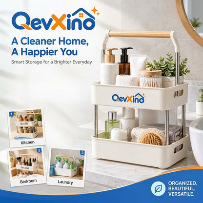 QevXino™ 2-Tier Portable Storage Caddy Organizer with Wooden Handle – Multi-Purpose Countertop & Under-Sink Organizer for Bathroom, Kitchen, Vanity & Laundry