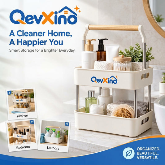 QevXino™ 2-Tier Portable Storage Caddy Organizer with Wooden Handle – Multi-Purpose Countertop & Under-Sink Organizer for Bathroom, Kitchen, Vanity & Laundry