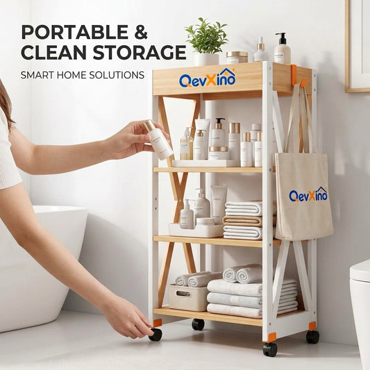 QevXino™ 4-Tier Rolling Storage Cart, Modern Wood & White Utility Organizer with Side Hook and 360° Caster Wheels for Bathroom, Laundry & Small Spaces