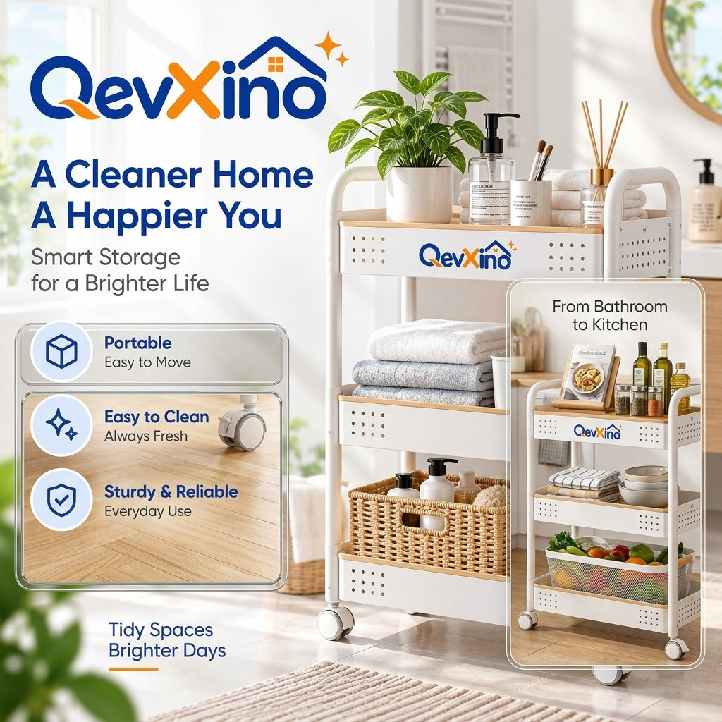 QevXino™ 3-Tier Rolling Utility Cart with Wood Accent Trim – Heavy-Duty Storage Organizer Trolley with 360° Caster Wheels for Bathroom, Kitchen, Laundry, and Nursery