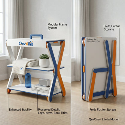 QevXino™ 3-Tier Portable Folding Storage Shelf with Top Carry Handle, Modern X-Frame Utility Organizer Rack for Bathroom, Bedroom & Living Room